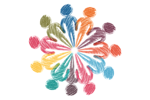 Drawing of people of different colors in a circle